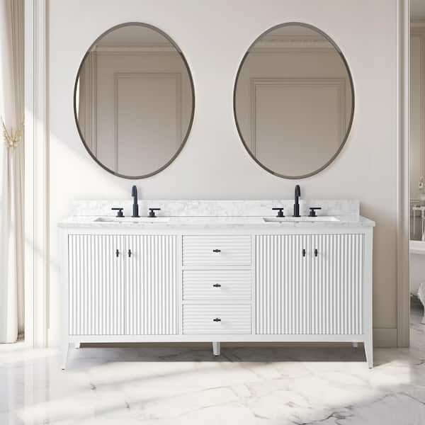Vanity Art 72 in. W x 22 in D x 38 in. H Double Sink Bathroom Vanity Cabinet in Linear White with Engineered Marble Top