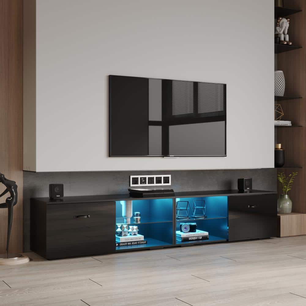 79 in. Modern Black TV Stand with RGB Light Fits TVs up to 80 in. with 2-D