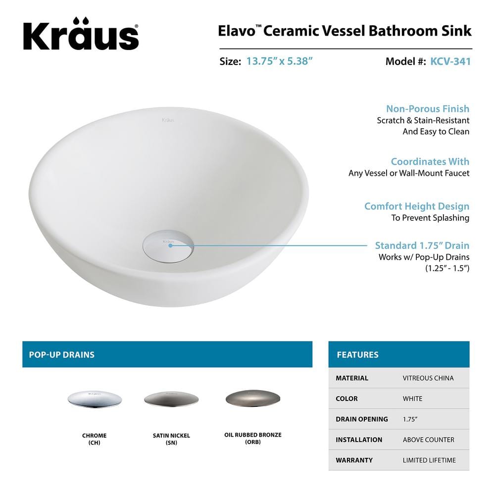 Elavo White Ceramic Round Vessel Sink with Brushed Nickel Drain