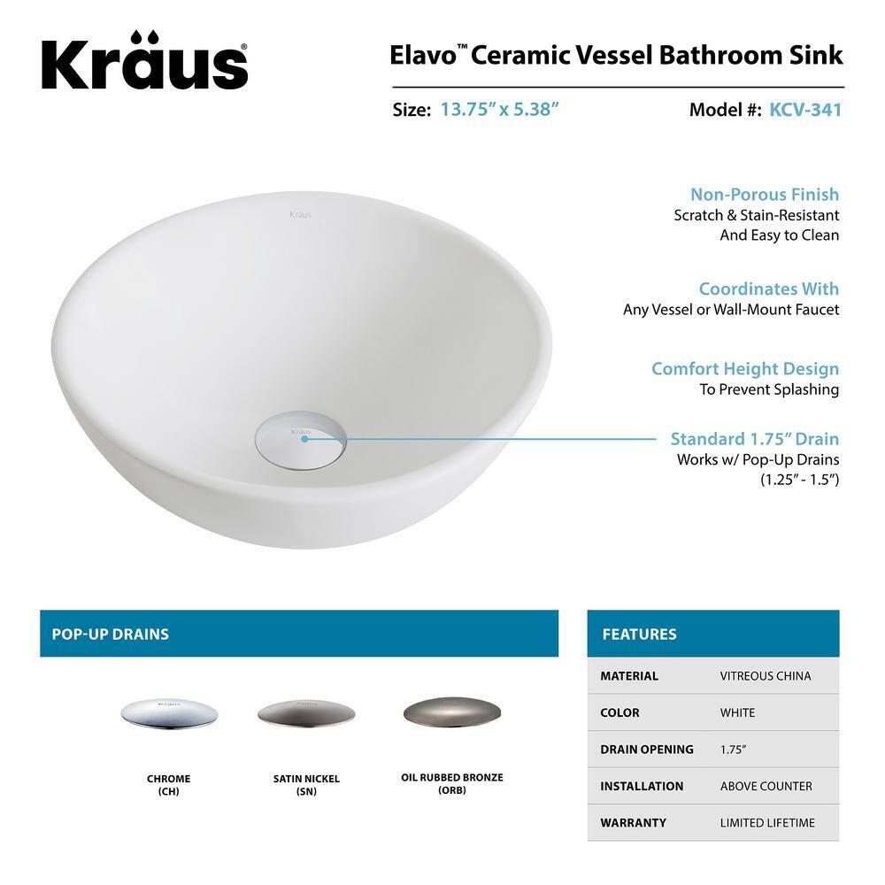 Elavo White Ceramic Round Vessel Sink with Oil Rubbed Bronze Drain