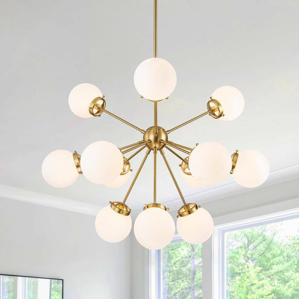 Ceder 12-Light 34 in.W Brushed Gold Sputnik Globe Chandelier with Frosted Opal Glass for Living Room, Island Kitchen price history on PriceWatchPro