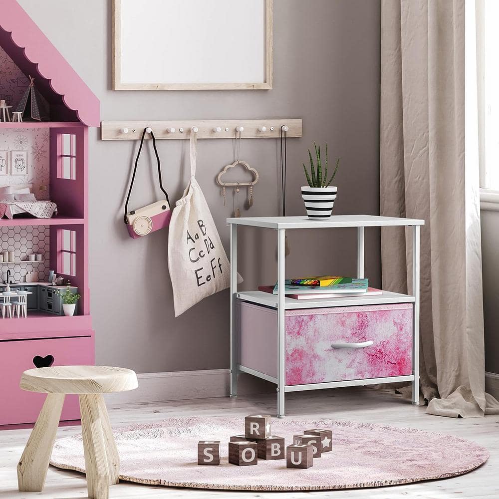 Pink Tie-Dye 1-Drawer Nightstand with Shelf