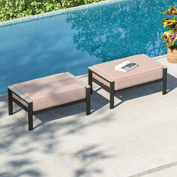 2-Piece Gray Wicker Outdoor Ottoman with Solution-Dyed Fabric Sand Cushion