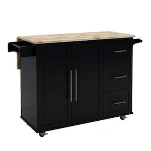 Black Kitchen Island with Extensible Solid Wood Folding Table Top and Towel Rack