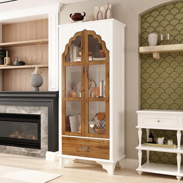 FUFU&GAGA 70.9 in. Tall White Wood 3-Shelf Accent Bookcase with Acrylic Door, Drawer, Victorian Style (31.5 in. Wide)