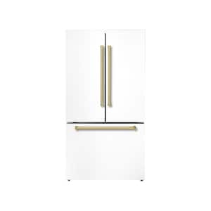 36 in. French Door Refrigerator, 20.3 Total cu. ft., BM Freezer, Ice Maker, White with Bold Brass Trim