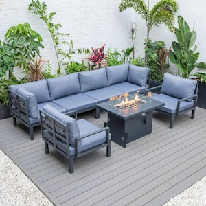 Hamilton 7-Piece Aluminum Modular Outdoor Patio Conversation Seating Set With Firepit Table & Cushions in Charcoal Blue
