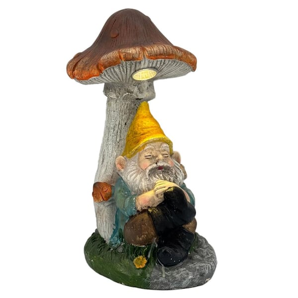 14 in. Napping Gnome Mushroom Solar LED Statue