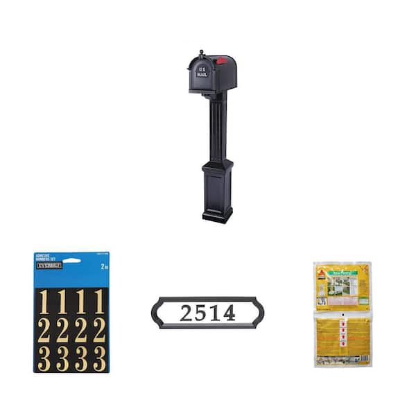 Craftsman Black Mailbox and Post Kit, 2 in. Mylar Number Set, Address Plaque and 2 lb. Post Mix Combo