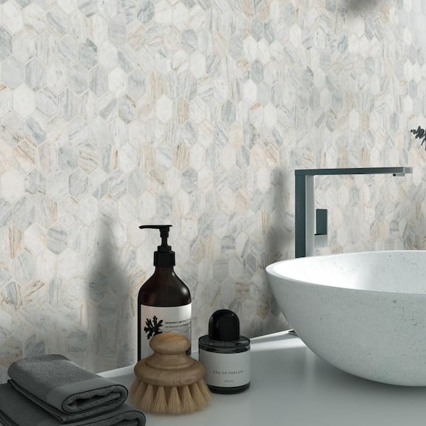 Capri Blue 2 in. Hexagon 12 in. x 12 in. x 0.38 in. Honed Marble Mesh-Mounted Mosaic Tile (9.8 sq. ft./Case)
