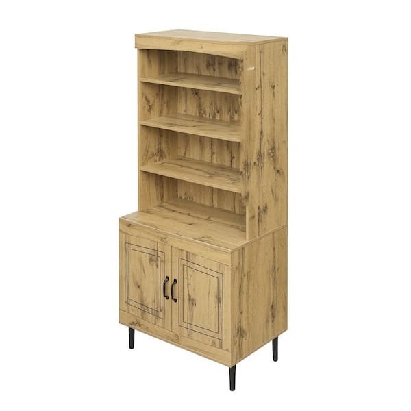 Unbranded 72 in. Tall Walnut Wood 6-Shelf Standard Bookcase with Doors and Adjustable Shelves Pantry Cabine Storage Cabine