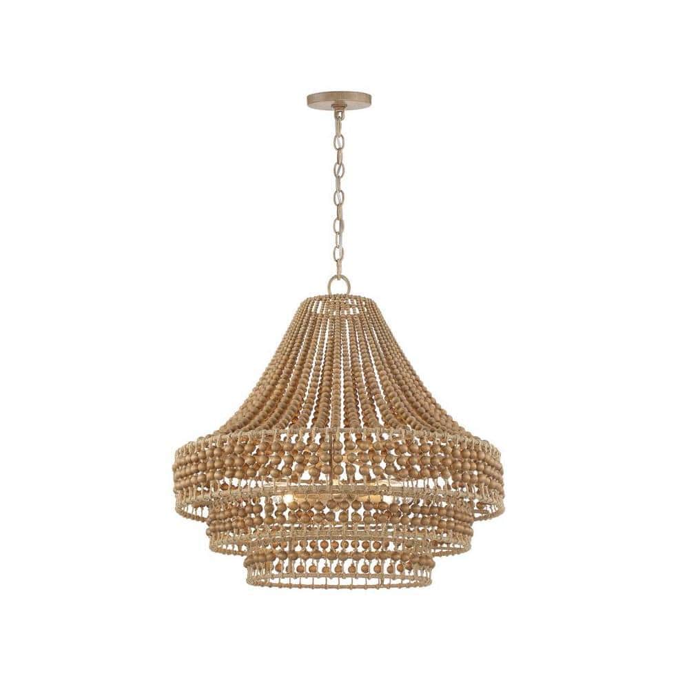 Burnished Silver and Natural Wood Bead 6-Light Chandelier