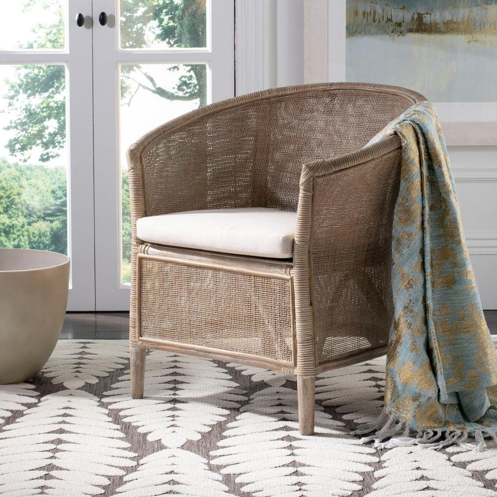 Transitional Whitewashed Rattan Armchair with Off-White Linen Cushion