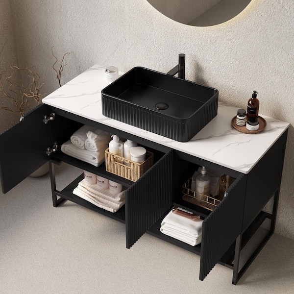 48in. Floating Single Sink Black Bath Vanity with Black Sintered Stone Top
