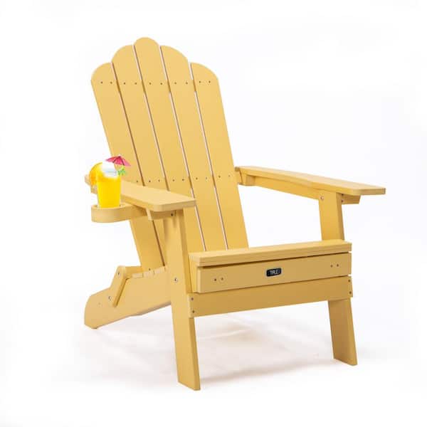 Cesicia Yellow Polyethylene Outdoor Folding Adirondack Chair With Cup Holder