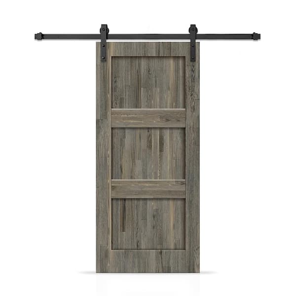 CALHOME 32 in. x 96 in. 3 Panel Shaker Hollow Core Weather Gray Stained Pine Wood Interior Sliding Barn Door with Hardware Kit