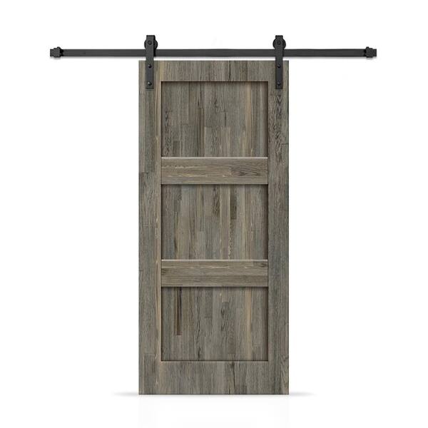 CALHOME 38 in. x 80 in. 3 Panel Shaker Hollow Core Weather Gray Stained Pine Wood Interior Sliding Barn Door with Hardware Kit