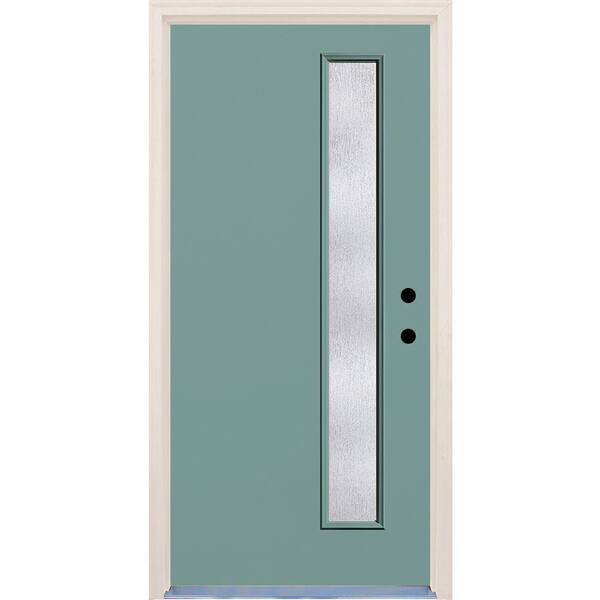 Builders Choice 36 in. x 80 in. Left-Hand Surf 1 Lite Rain Glass Painted Fiberglass Prehung Front Door with Brickmould