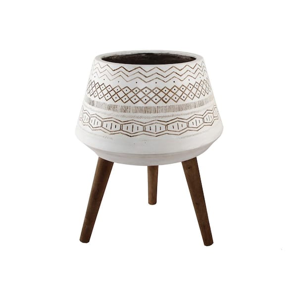 Flora Bunda 18 in. Tribal Fiberglass Plant Pot On Wood Stand
