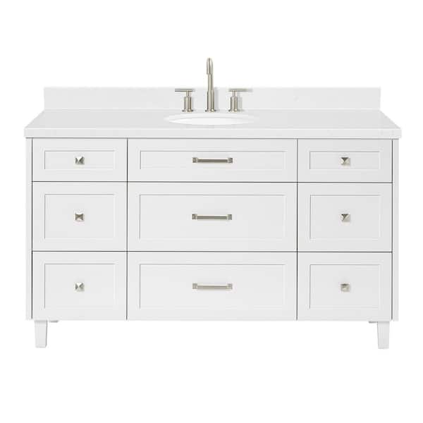 Monroe 60 in. Single Sink Freestanding Bathroom Vanity in White with Carrara White Quartz Top