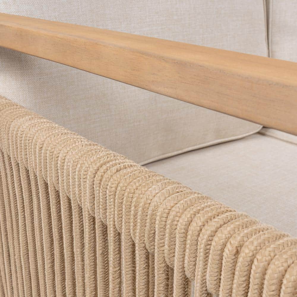 Gable Beige and Light Teak Roped Acacia Wood Outdoor Sofa with Cushions