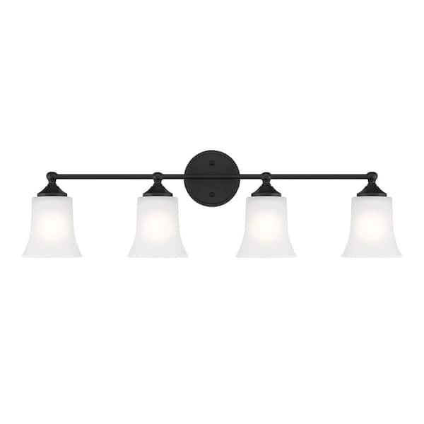 Bronson 31.75 in. 4-Light Matte Black Transitional Vanity Light with Etched Glass Shades