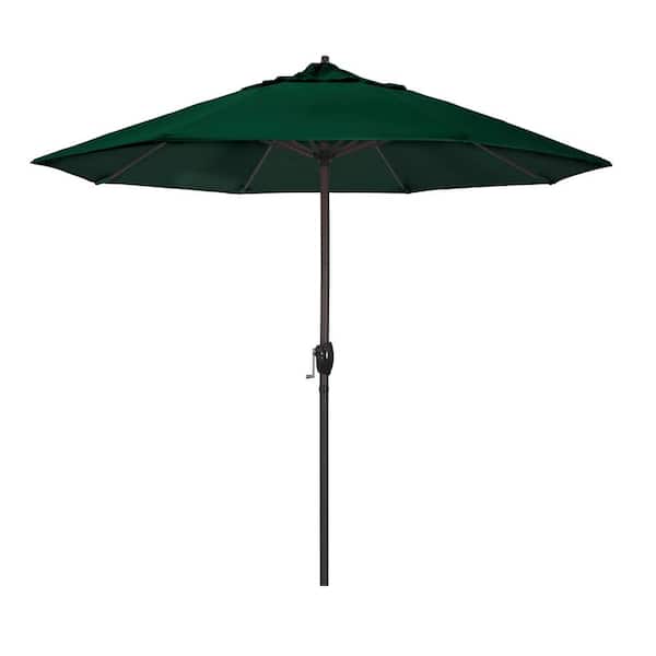 California Umbrella 9 ft. Bronze Aluminum Pole Market Aluminum Ribs Auto Tilt Crank Lift Patio Umbrella in Forest Green Sunbrella