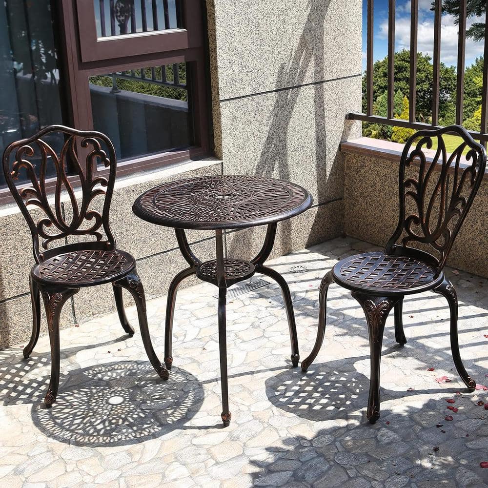 Brown 3-Piece Cast Aluminum Outdoor Bistro Set for Park Yard Front Porch