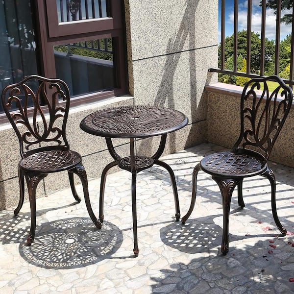 Unbranded Brown 3-Piece Cast Aluminum Outdoor Bistro Set for Park Yard Front Porch