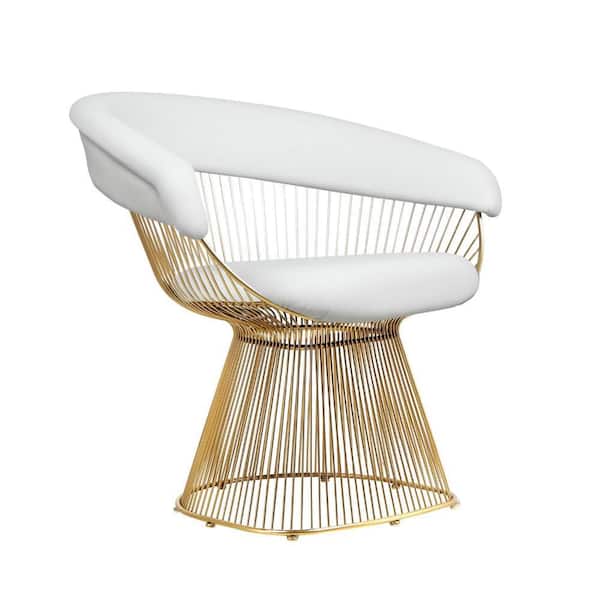 Benjara White and Gold Faux Leather Armchair with Padded Back