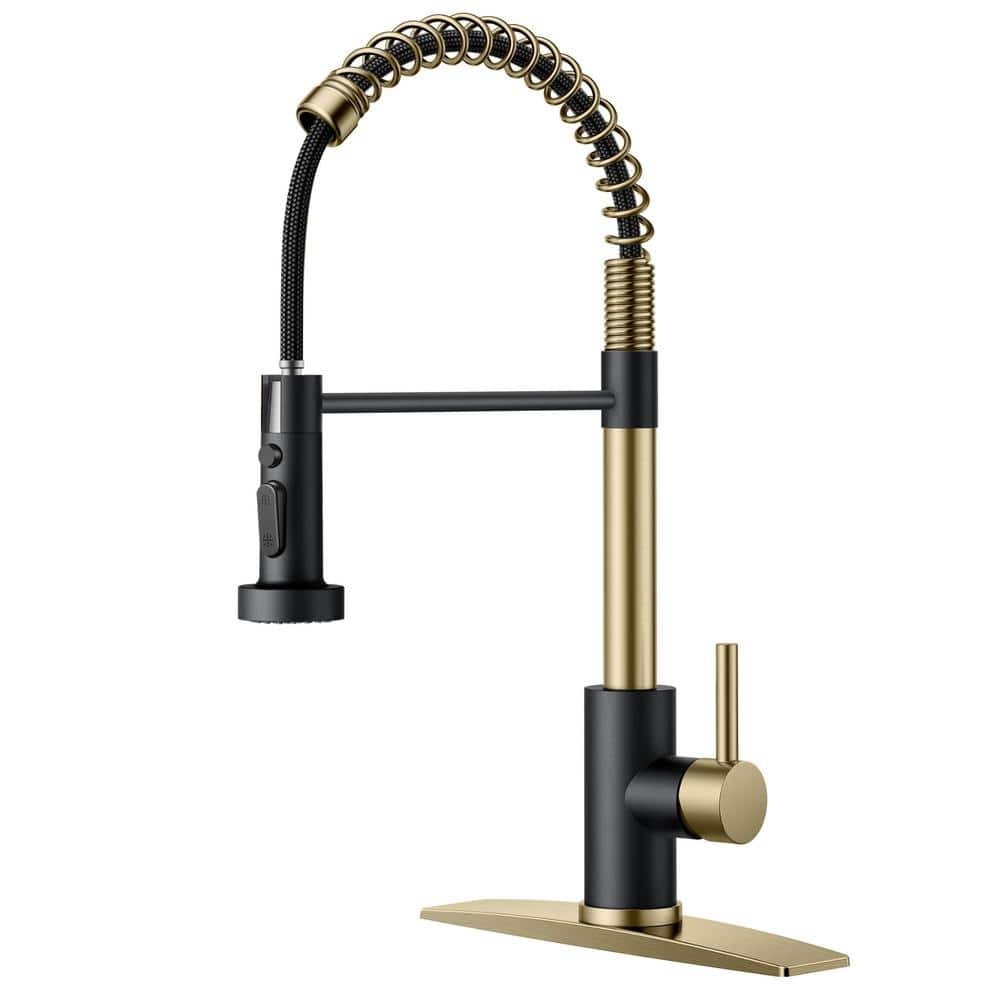 Single Handle Pull Down Sprayer Kitchen Faucet with Deckplate and Swivel Spout in Black Gold -  androme, AA4BG