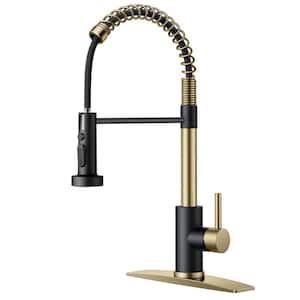 Single Handle Pull Down Sprayer Kitchen Faucet with Deckplate and Swivel Spout in Black Gold