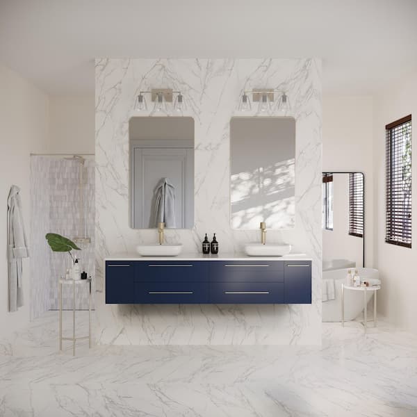 Lucera 72 in. Double Sink Wall Mount Floating Royal Blue Bath Vanity with White Quartz Top and Vessel Ceramic Sinks