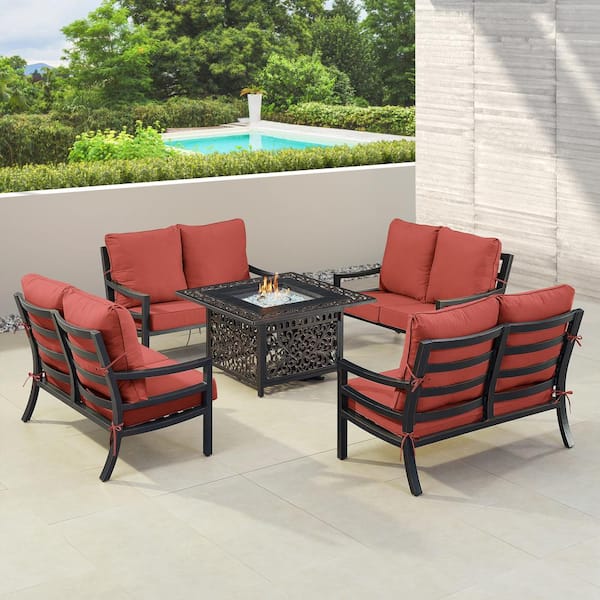 Oakland Living Black 6-Piece Aluminum Patio Fire Pit with 4-Deep Seating Loveseat Red Cushions
