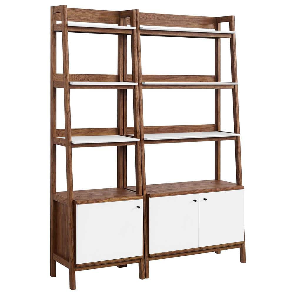 Walnut White Tiered Wood Bookshelves with Concealed Storage