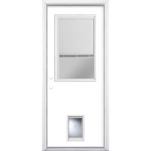 32 in. x 80 in. 1/2-Lite Mini-Blind Right-Hand Inswing Painted Steel Prehung Front Door with Brickmold and Pet Door