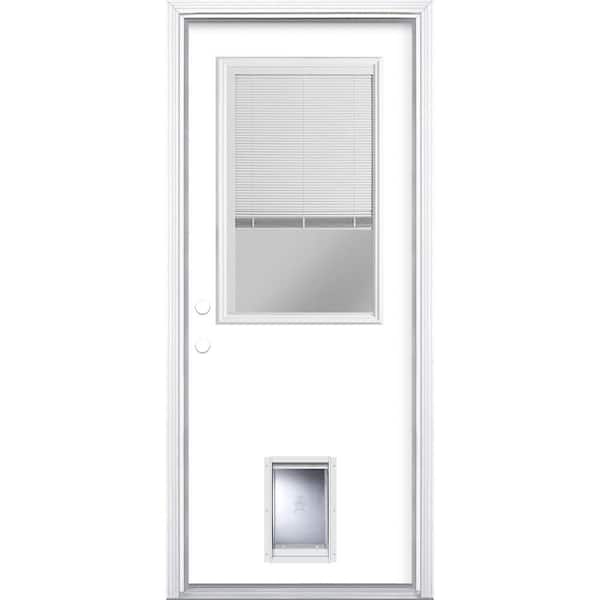 Masonite 32 in. x 80 in. 1/2-Lite Mini-Blind Right-Hand Inswing Painted Steel Prehung Front Door with Brickmold and Pet Door