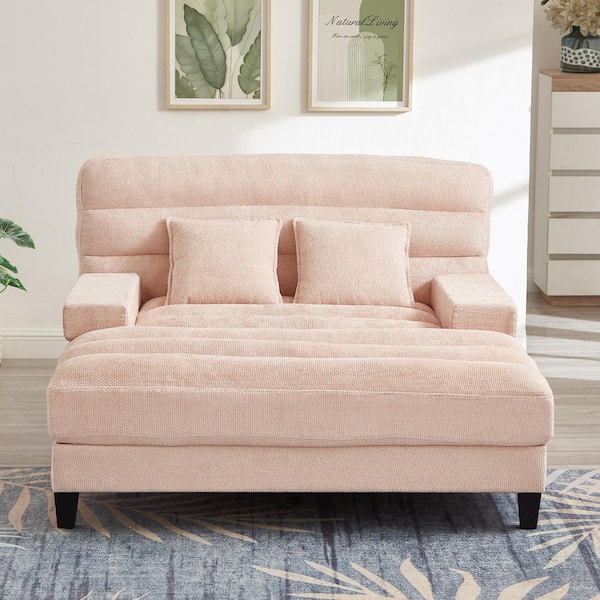 57.1 in. Square Arms Chenille Straight Reclining Chaise Lounge Sofa with Adjustable Backrest and LED Light Strip in Pink
