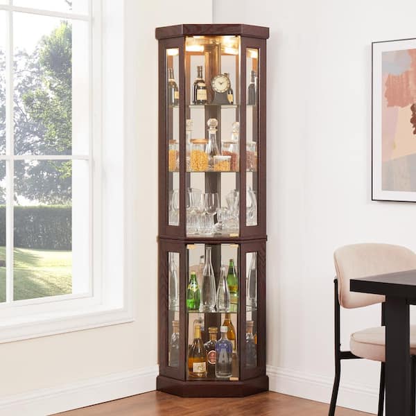 Unbranded 12-Bottle Dark Cherry Wine Rack Corner Glass Cabinet Lighted Curio Cabinet Corner Display Case for Living Room