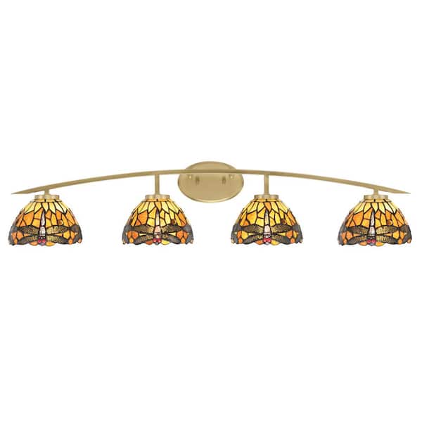 Unbranded Siena 40 in. 4-Light Vanity Light New Age Brass with Amber Dragonfly Art Glass Shades