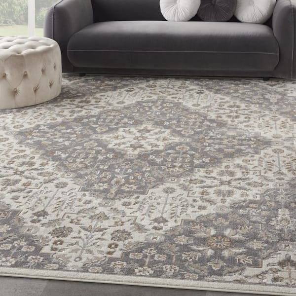 8 ft. x 10 ft. Ivory and Gray Floral Non Skid Area Rug
