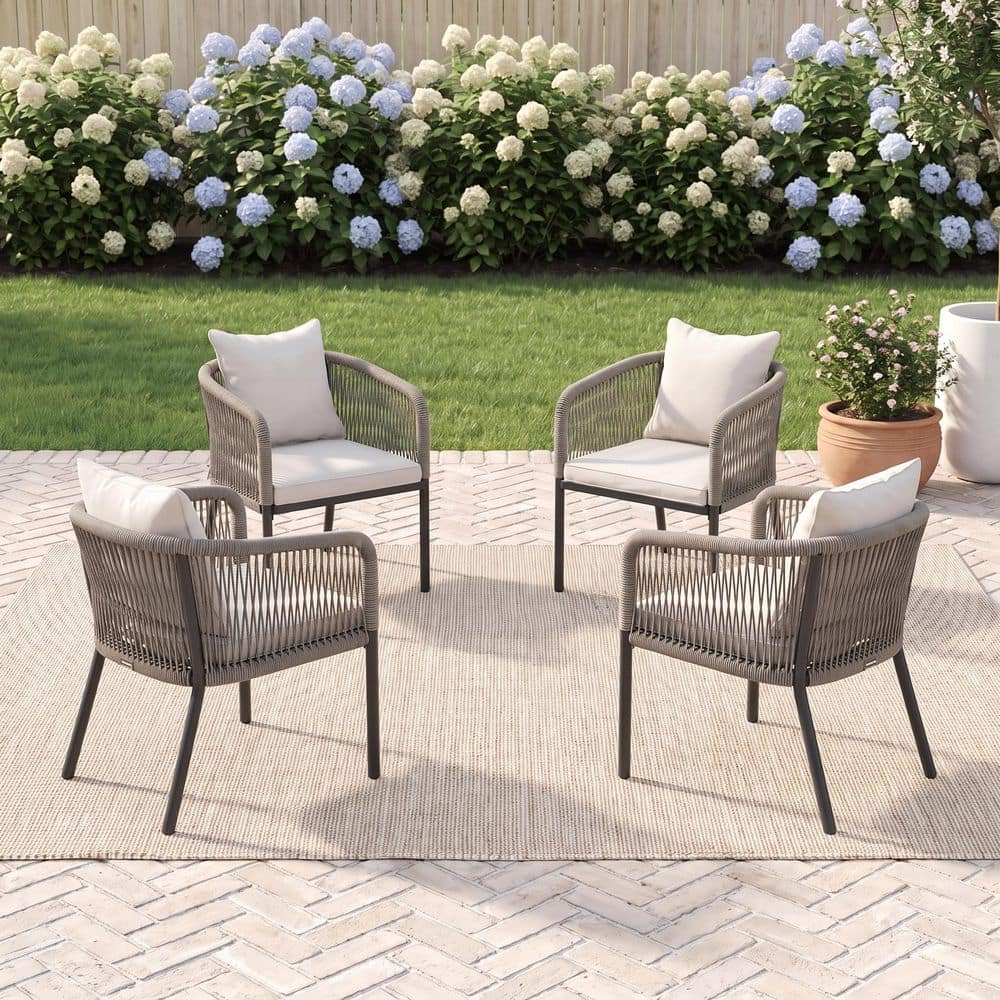 4-Piece Gray Wicker Outdoor Dining Chair with White Cushions, Patio Woven Rattan Chairs with All-Weather Metal Frame price history on PriceWatchPro