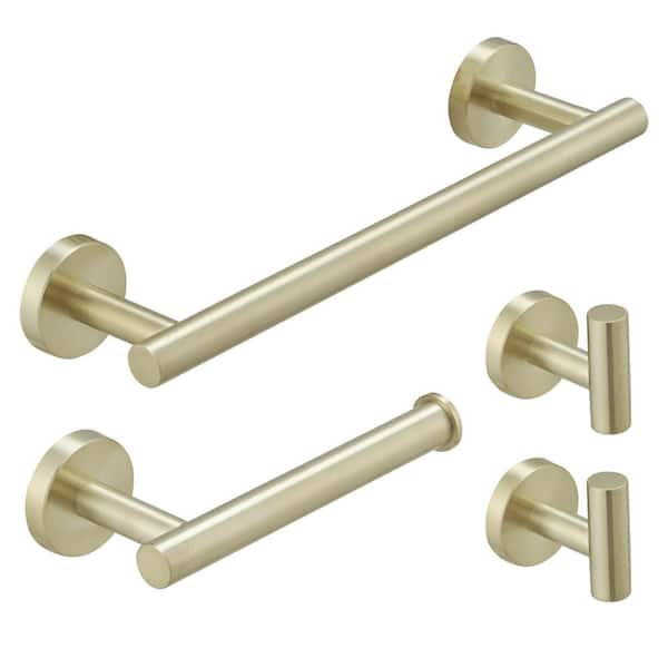 BWE 4-Piece Bath Hardware Set with Towel Hook and Toilet Paper Holder Towel Bar Included Wall Mount in Brushed Gold