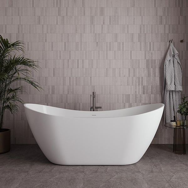 71 in. x 32 in. Acrylic Freestanding Soaking Bathtub in Glossy White with Brushed Nickel Drain