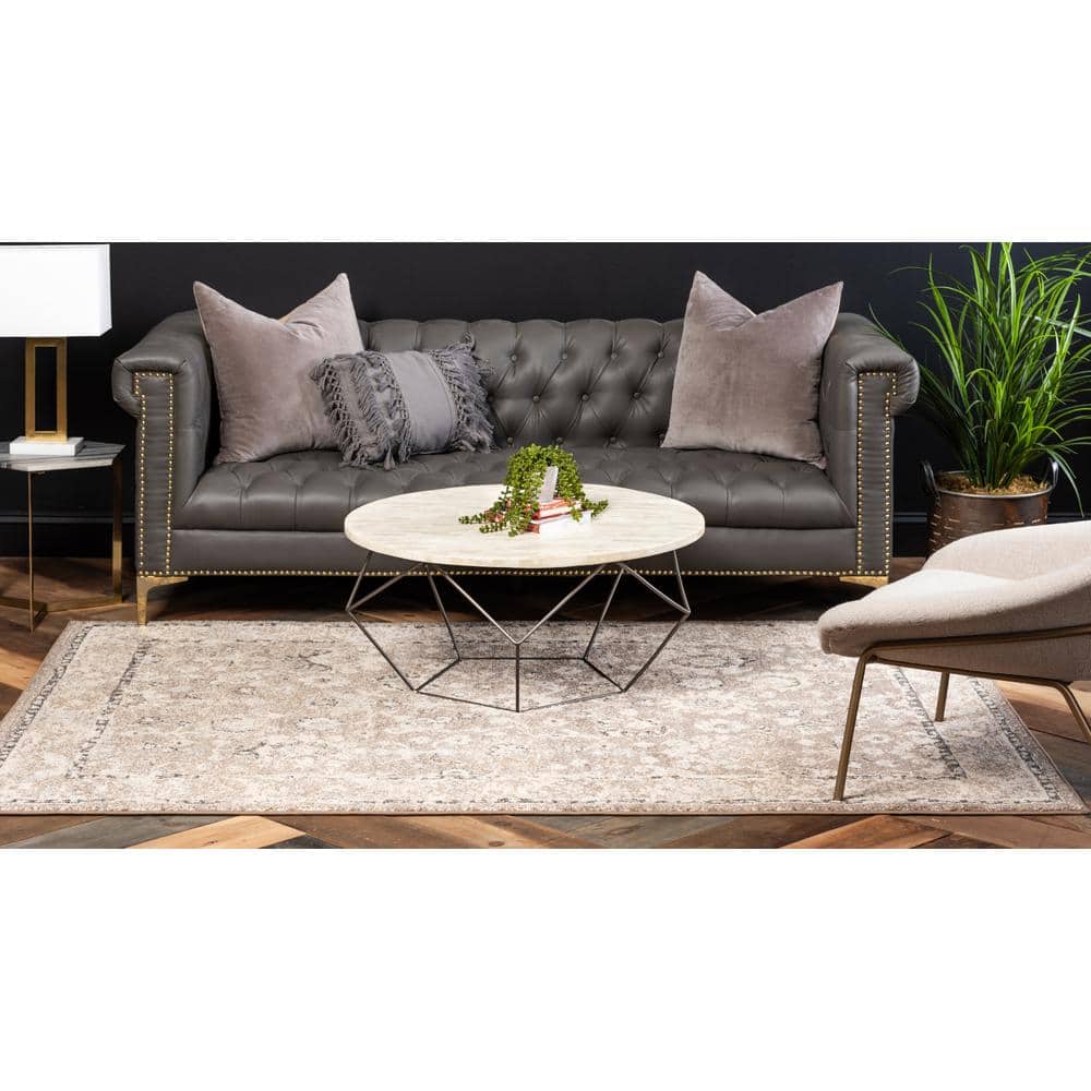 8' Square Light Brown Floral Synthetic Rug