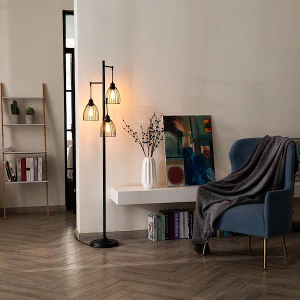 Liber Retro Black Wood Effect Floor Lamp In-line Foot Switch for Bedroom Living 
