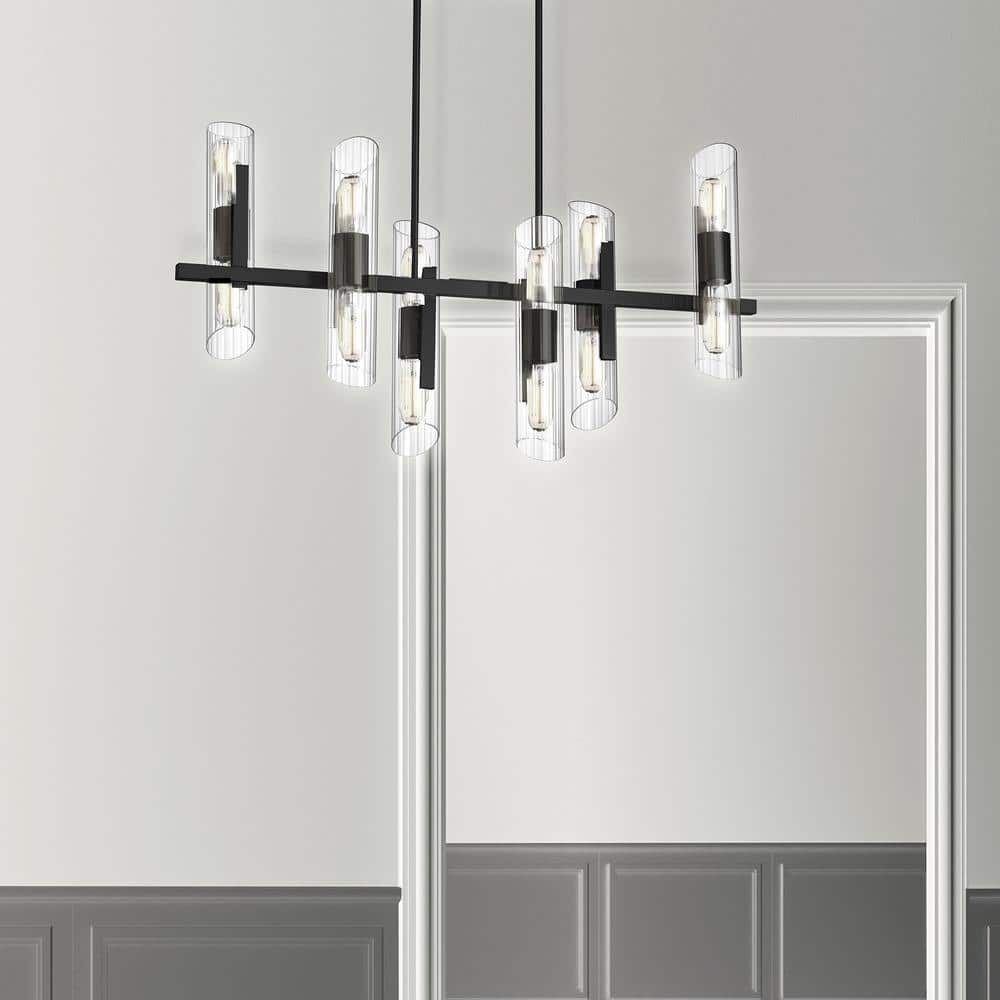 Elegant Fluted Glass 12-Light Matte Black Chandelier