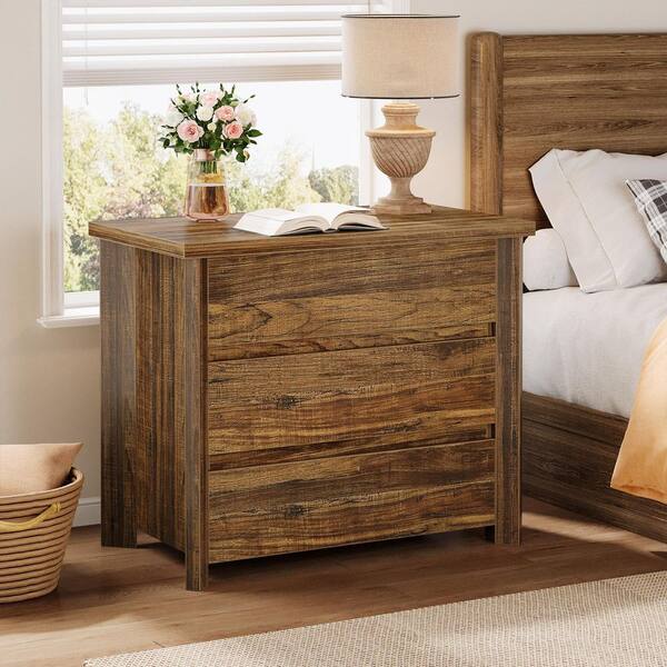 BYBLIGHT Fenley Rustic Brown 3-Drawer 31.5 in. W Wood Nightstands, Farmhouse Bedside Table with Storage for Small Spaces