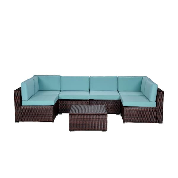 Siavonce Brown 7-Piece PE Rattan Wicker Outdoor Garden Patio Furniture Sectional Sofa Sets with Teal Color Cushioned