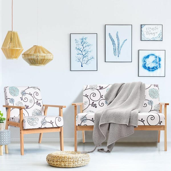 43 in. White and Blue 3-Seat Living Room W Square Arm Linen Loveseat Sofa Low Couch and Accent Straight Sofa